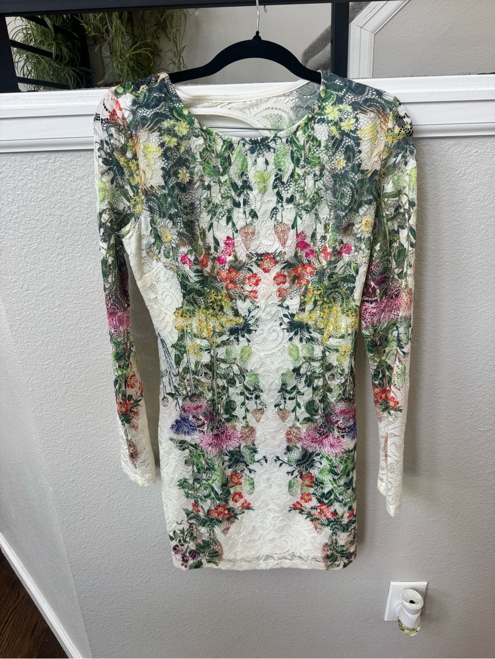 Floral Lace Long Sleeve Mini Dress - Ivory with Multicolor Botanicals